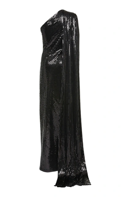 Shop Elie Saab Big Sequence One-shoulder Tulle Dress In Black