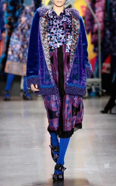 Shop Anna Sui Bouclé-trimmed Faux Fur Hooded Jacket In Blue