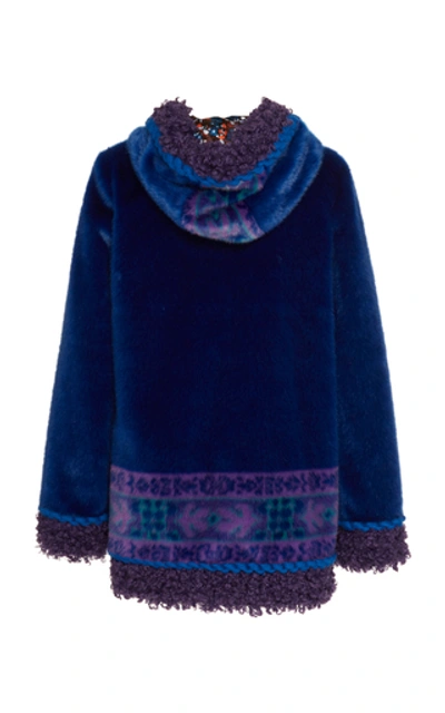 Shop Anna Sui Bouclé-trimmed Faux Fur Hooded Jacket In Blue