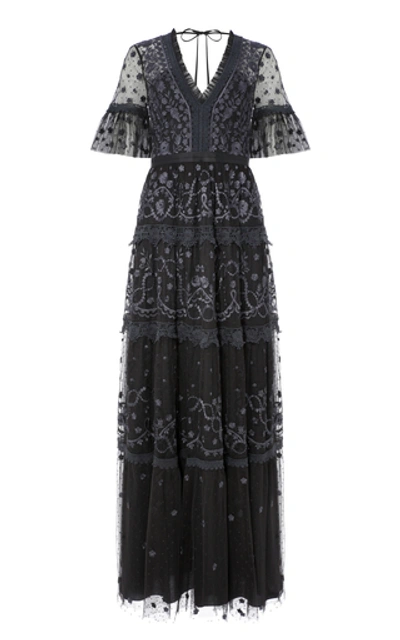 Shop Needle & Thread Midsummer Lace-trimmed Embroidered Point D'esprit Tull In Black