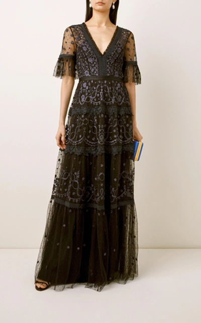 Shop Needle & Thread Midsummer Lace-trimmed Embroidered Point D'esprit Tull In Black