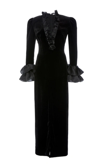 Shop Alessandra Rich Ruffled Long Sleeve Velvet Dress In Black