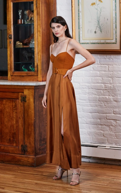 Shop Amur Tempest Belted Crepe-paneled Silk Maxi Dress In Orange