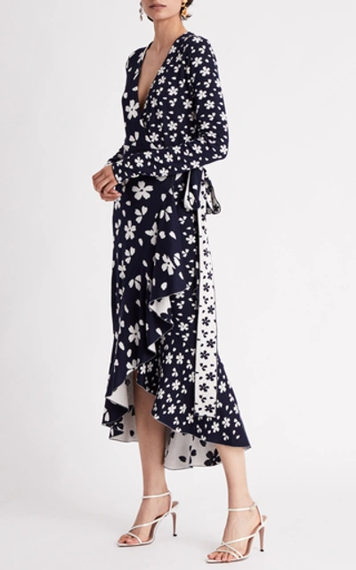Shop Oscar De La Renta Two-tone Printed Silk-blend Wrap Dress In Navy