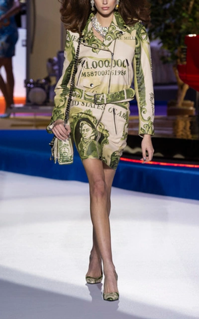 Shop Moschino Printed Leather Biker Jacket In Green