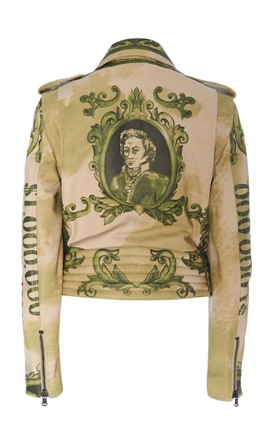 Shop Moschino Printed Leather Biker Jacket In Green