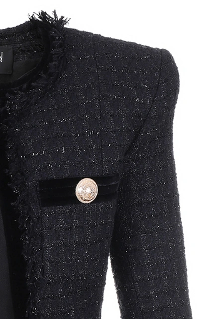 Shop Balmain Collarless Fringe-detailed Tweed Jacket In Black