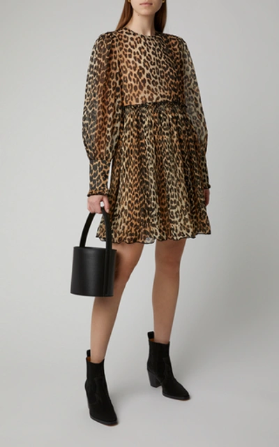 Shop Ganni Leopard-print Georgette Mini Dress In Animal