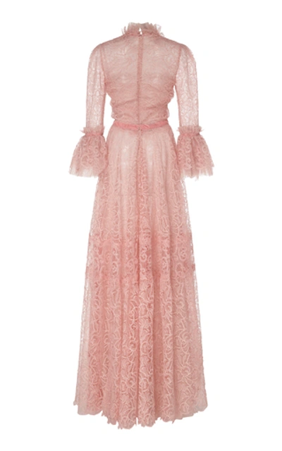 Shop Costarellos Gossamer Lace Dress With Fluted Sleeves In Pink