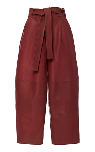 Shop Sally Lapointe Belted Leather Wide-leg Pants In Burgundy
