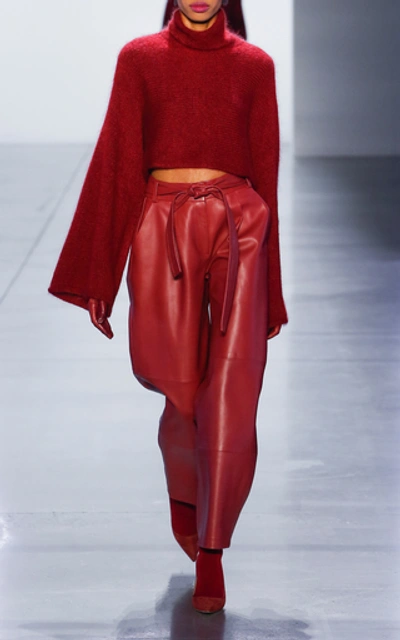 Shop Sally Lapointe Belted Leather Wide-leg Pants In Burgundy