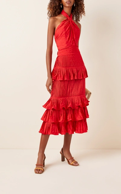 Shop Johanna Ortiz Ruffled Floral-satin Jacquard Halterneck Midi Dress In Red