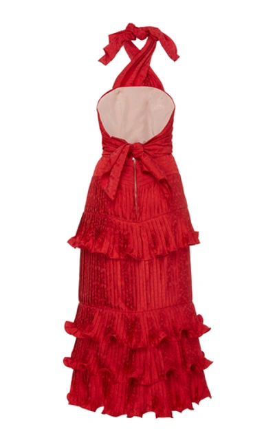 Shop Johanna Ortiz Ruffled Floral-satin Jacquard Halterneck Midi Dress In Red