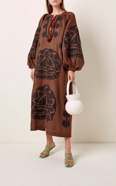 Shop Vita Kin Shalimar Appliquéd Embroidered Linen Midi Dress In Brown