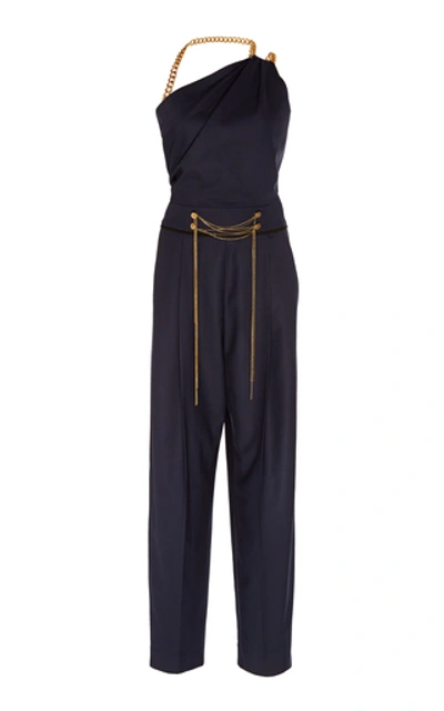 Shop Oscar De La Renta One-shoulder Embellished Wool-blend Jumpsuit In Navy
