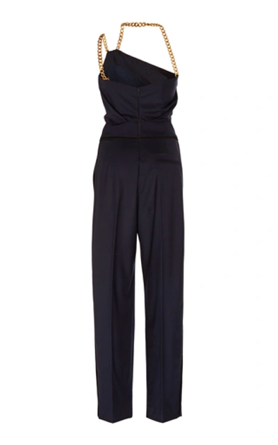 Shop Oscar De La Renta One-shoulder Embellished Wool-blend Jumpsuit In Navy