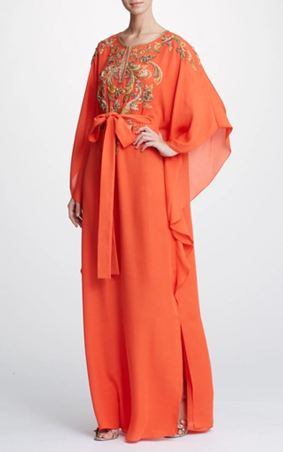Shop Marchesa Embroidered Silk Georgette Caftan In Orange