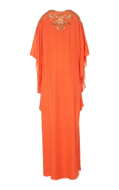 Shop Marchesa Embroidered Silk Georgette Caftan In Orange