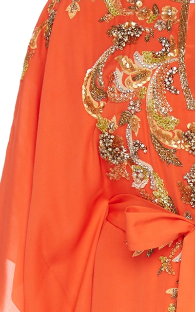 Shop Marchesa Embroidered Silk Georgette Caftan In Orange