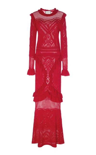 Shop Alexis Ceecee Tiered Pointelle-knit Gown In Red