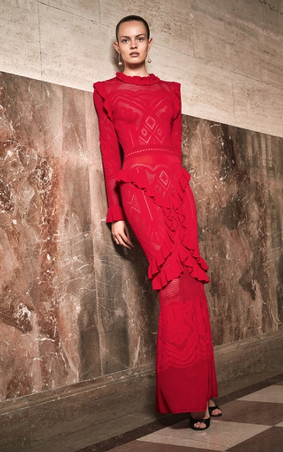Shop Alexis Ceecee Tiered Pointelle-knit Gown In Red
