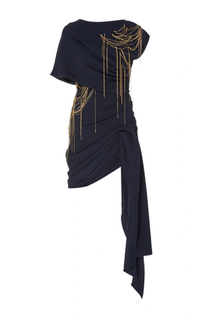 Shop Oscar De La Renta Embellished Draped Silk Mini Dress In Navy