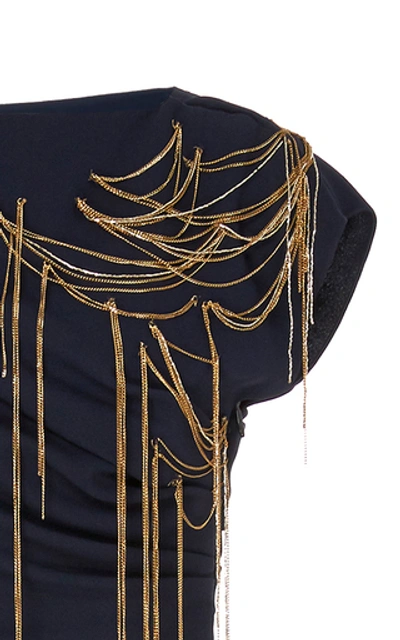 Shop Oscar De La Renta Embellished Draped Silk Mini Dress In Navy