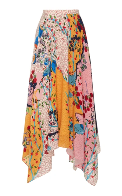 Shop Saloni Freja Asymmetric Floral-print Silk Crepe De Chine Midi Skirt In Pink