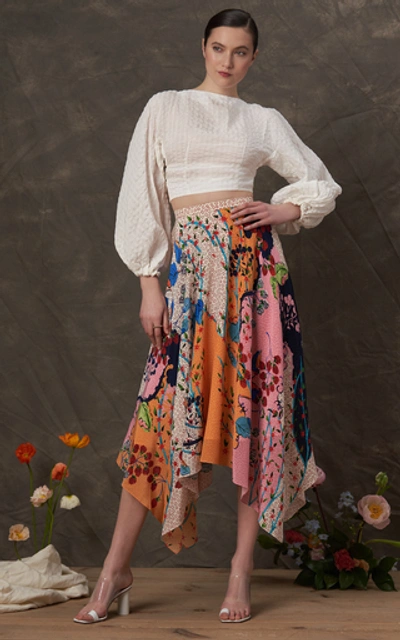 Shop Saloni Freja Asymmetric Floral-print Silk Crepe De Chine Midi Skirt In Pink