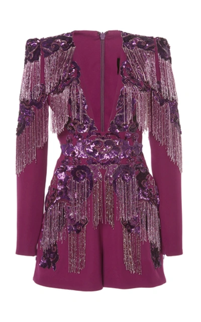 Shop Zuhair Murad Fringe Embroidered Tulle V-neck Jumpsuit In Purple