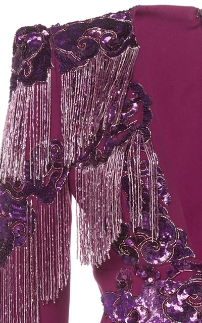 Shop Zuhair Murad Fringe Embroidered Tulle V-neck Jumpsuit In Purple