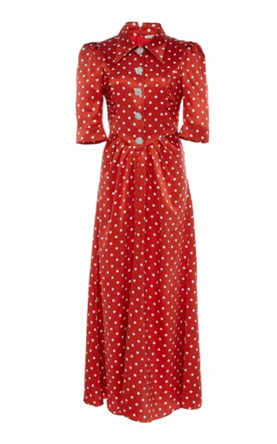 Shop Alessandra Rich Polka Dot Silk Satin Short Sleeve Dress In Red