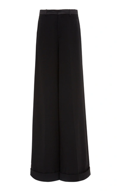 Shop Ralph Lauren Alana Satin-trimmed Wool-blend Wide-leg Pants In Black