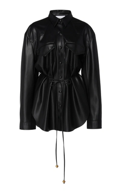 Shop Nanushka Eddy Belted Faux Leather Shirt In Black