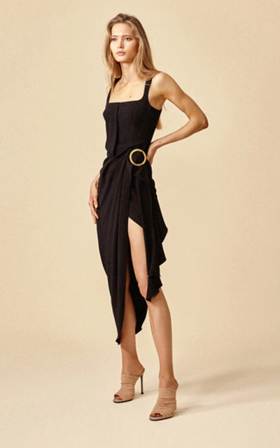 Shop Acler Maine Asymmetrical Draped-waist Midi Dress In Black