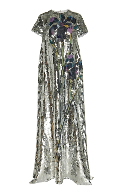 Shop Carolina Herrera Sequin-embellished Silk Gown In Metallic