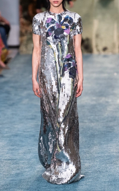 Shop Carolina Herrera Sequin-embellished Silk Gown In Metallic