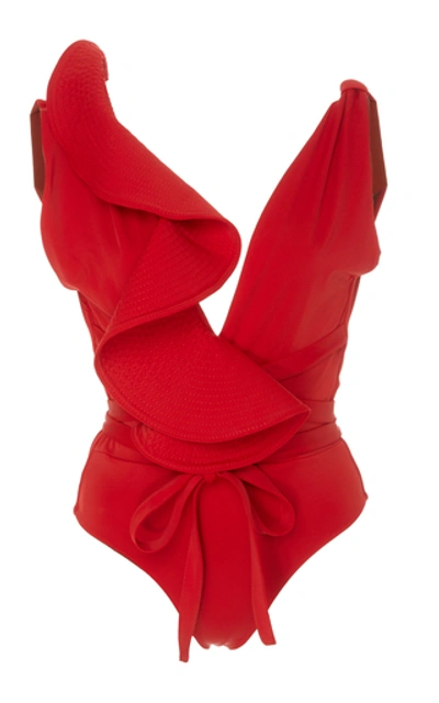 Shop Johanna Ortiz Cerca De La Tie-front Ruffled Swimsuit In Red