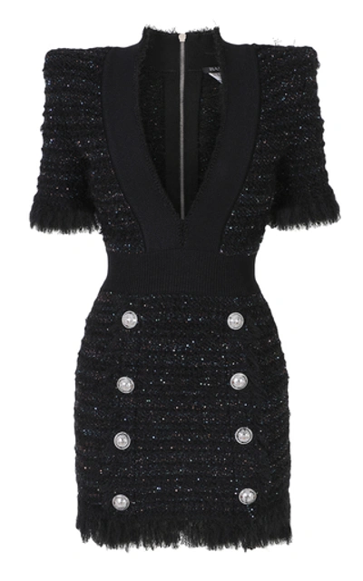 Shop Balmain Frayed Tweed Mini Dress In Black