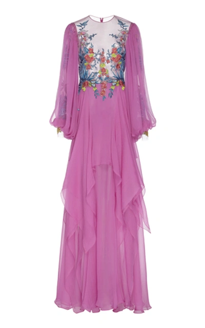 Shop Costarellos Silk Embroidered Chiffon Dress In Pink