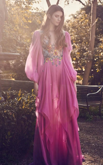 Shop Costarellos Silk Embroidered Chiffon Dress In Pink