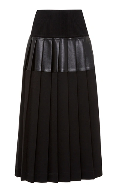 Shop Peter Do Pleated Leather-paneled Midi Skirt In Black