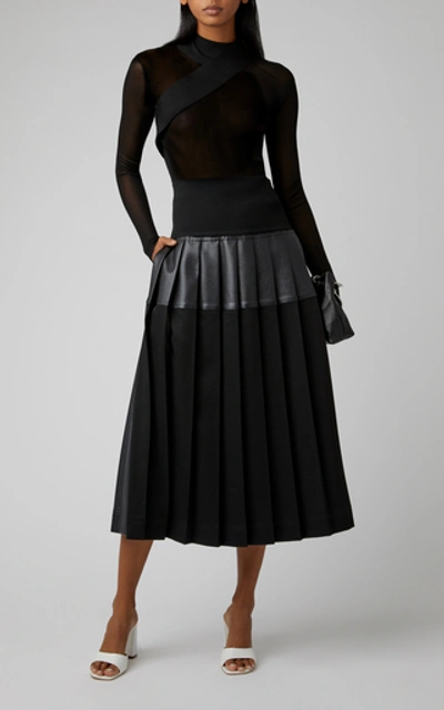 Shop Peter Do Pleated Leather-paneled Midi Skirt In Black