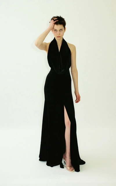 Shop A.w.a.k.e. Draped Halterneck Velvet Gown In Black