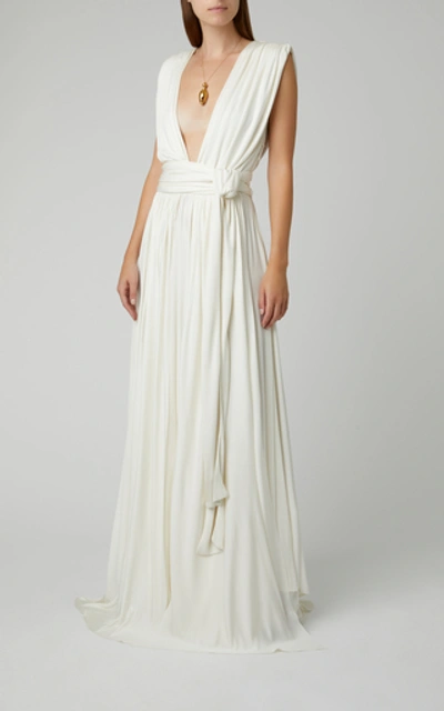 Shop Oscar De La Renta Gathered Jersey Maxi Dress In White