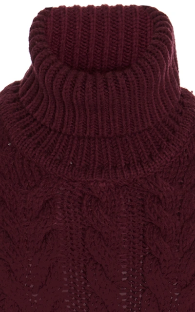 Shop Tibi Cable-knit Wool-blend Turtleneck Sweater In Burgundy