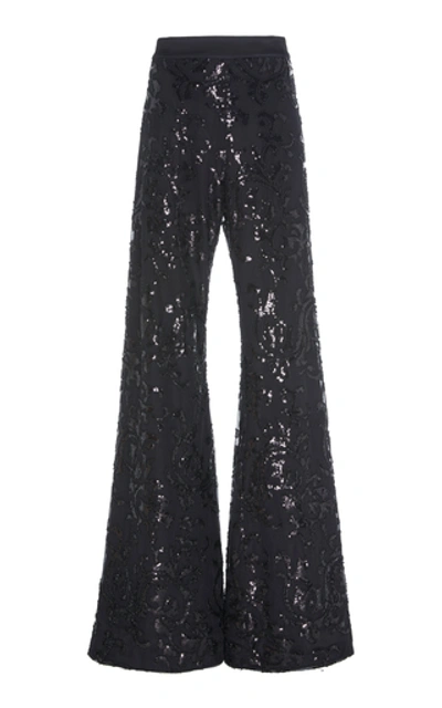 Shop Alexis Silvestro Sequined Embroidered Crepe Flared Pants In Black