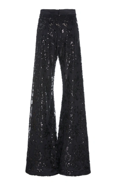 Shop Alexis Silvestro Sequined Embroidered Crepe Flared Pants In Black