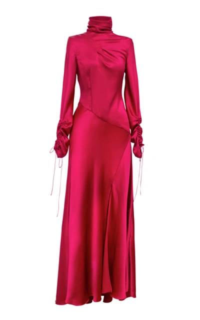 Shop Alejandra Alonso Rojas Flared Long Sleeve Silk Turtleneck Dress In Pink