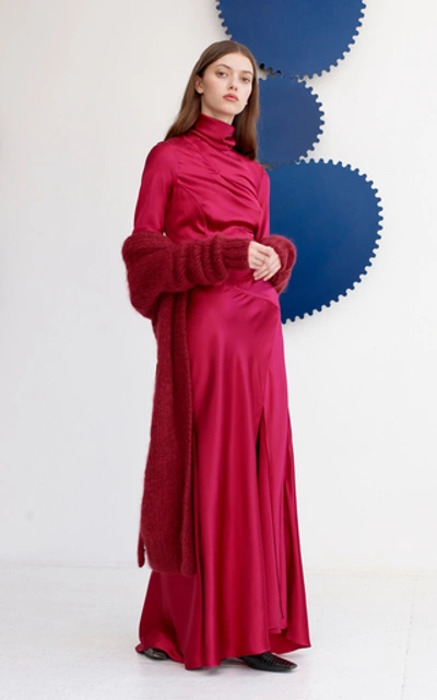Shop Alejandra Alonso Rojas Flared Long Sleeve Silk Turtleneck Dress In Pink